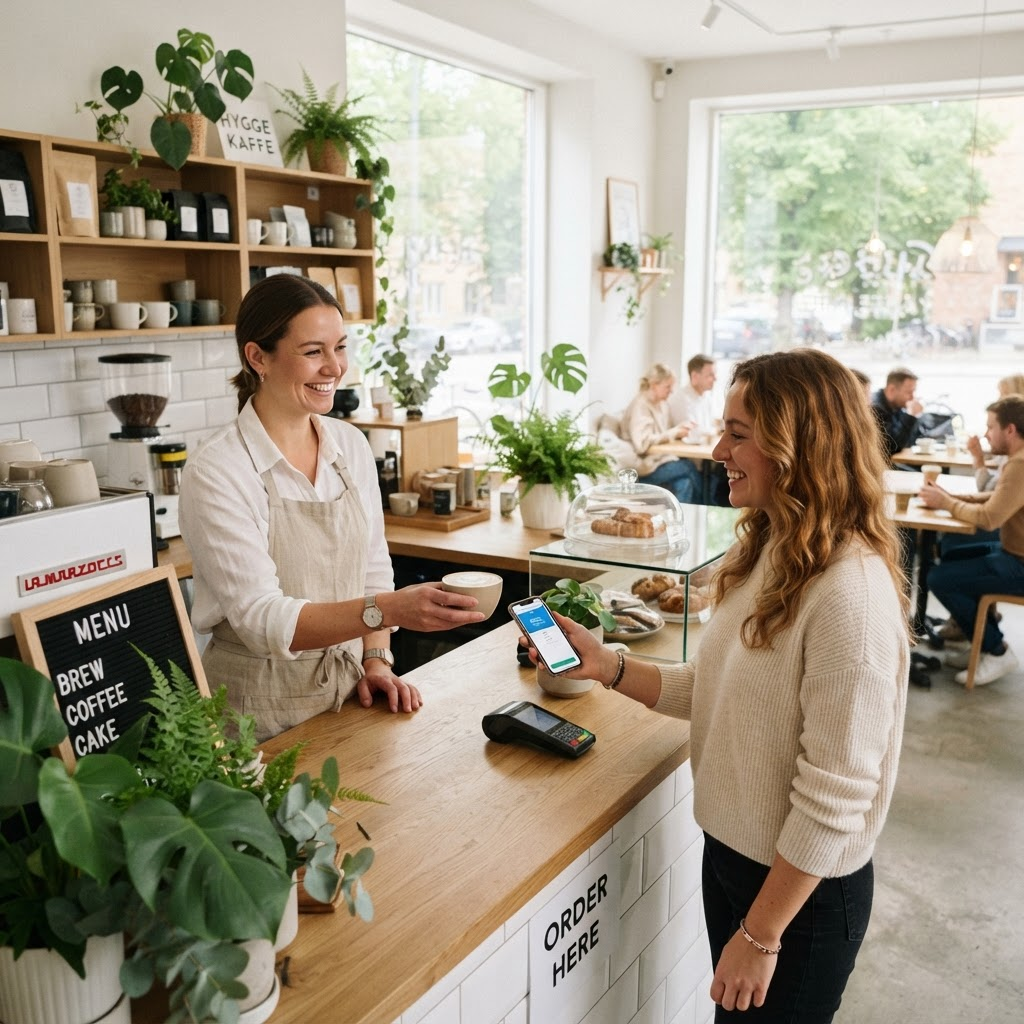 Barista och kund i ett varmt café – kunden visar sitt digitala stämpelkort i mobilen